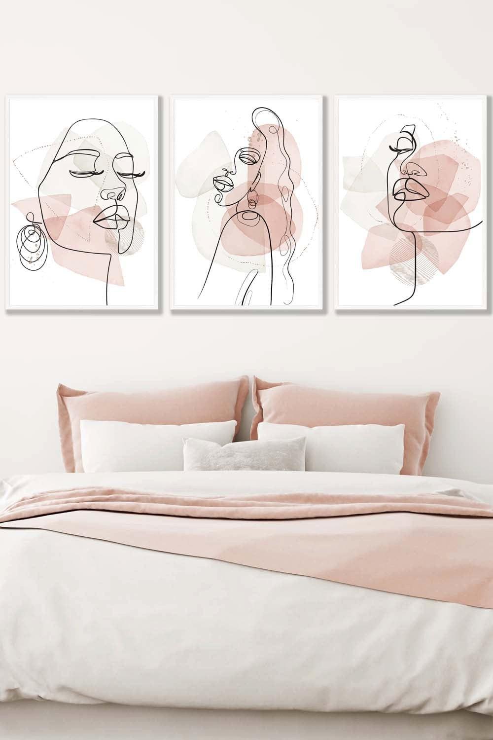 Set of 3 White Framed One Line Abstract Fashion Faces in Pink and Ivory Wall Art